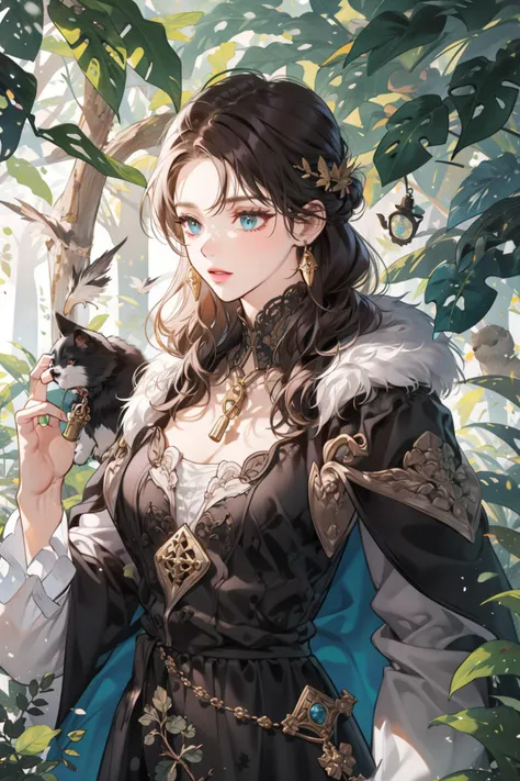 (masterpiece:1.2, best quality), ultra detailed, Ultra-precise depiction, Ultra-detailed depiction, 1girl, wide hips, (upper body:1.15) Shape-shifter, enchanted cloak with a pattern of fur and feathers, shape-shifting potion with a pungent odor, shape-shifter book with a variety of animal forms, enchanted whistle for calling animals, forest with a hidden shape-shifter lair