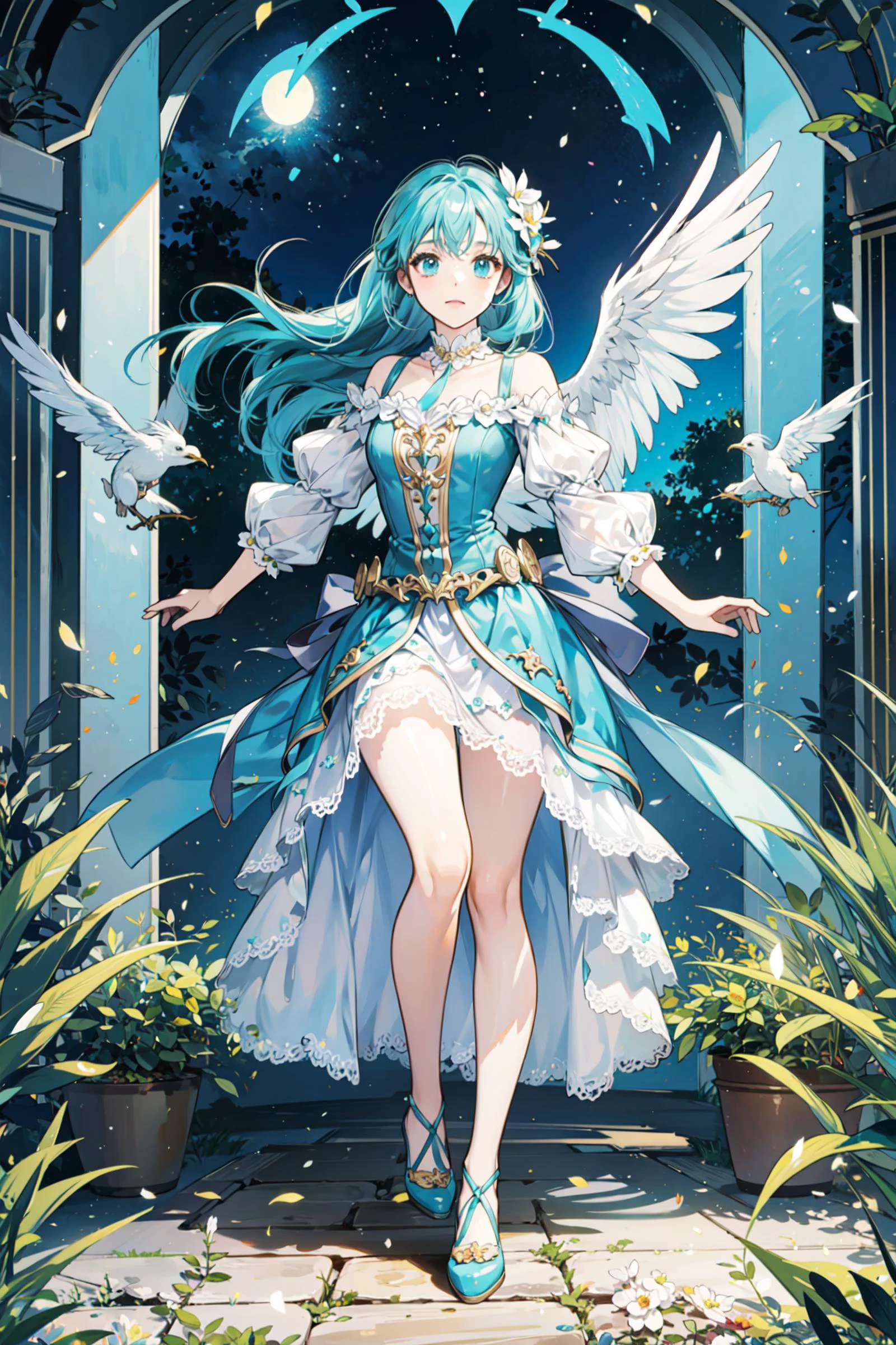 ((best quality, masterpiece, absurbres)), Full body, Vibrant, Aqua, 1 Girl, Enchanted forest, Soft Light, Fantasy Attire, Dynamic Poses