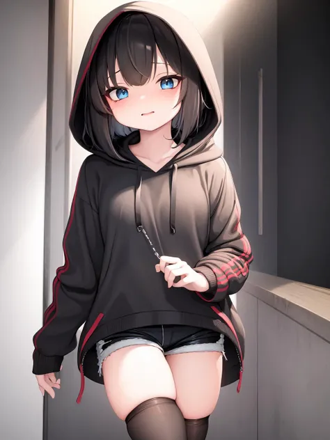 masterpiece, best quality, 1girl, solo, <lora:yud3-4:1>, short hair, black hair, blue eyes, hood, shorts, thighhighs,