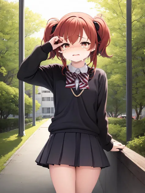 masterpiece, best quality, solo, <lora:yud3-4:1>, school uniform, twintails, red hair, tears, hand on own face,