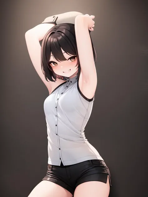 masterpiece, best quality, solo, <lora:yud3-4:1>, overshirt, shorts, short hair, smile face, armpit