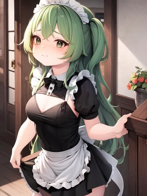 masterpiece, best quality, solo, <lora:yud3-4:1>, long hair, green hair, maid, maid headdress,