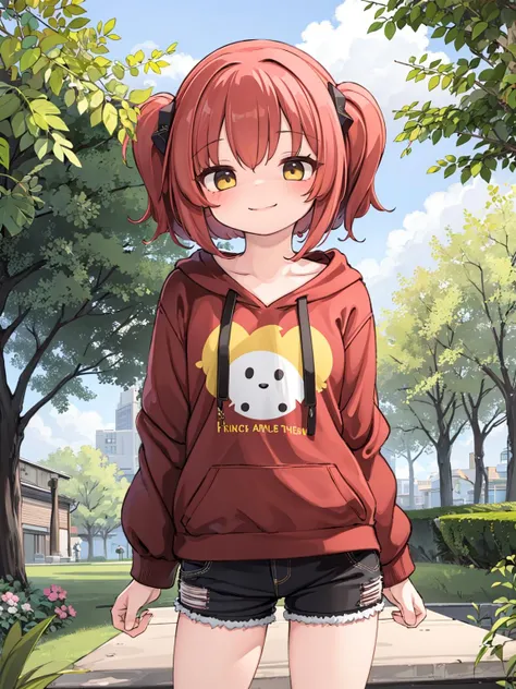 masterpiece, best quality, 1girl, solo, short_hair, red_hair, shirt, shorts, hoodie, smile, <lora:yud2-000030:1> outdoors, standing, hair ornament,