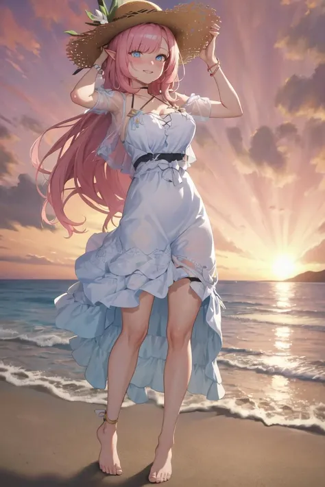 (Best Quality, Masterpiece:1.4) , (Absurdres:1.2), intricate, 1girl, solo, cinematic lighting, <lora:Elysia OG:0.9>,elysia (honkai impact), slit pupils, pink pupils, elf, pointy ears, pink hair, long hair, blue eyes, bangs, ponytail, lips, ocean background, sundress, straw hat, hands_behind_back, smile, blush,beach,barefoot, detailed background, standing, full_body, white_dress, long_dress, detailed clothing folds, transparent_clothing, sfw, see-through dress, see-through silhouette,(medium_breasts:0.4), sunset