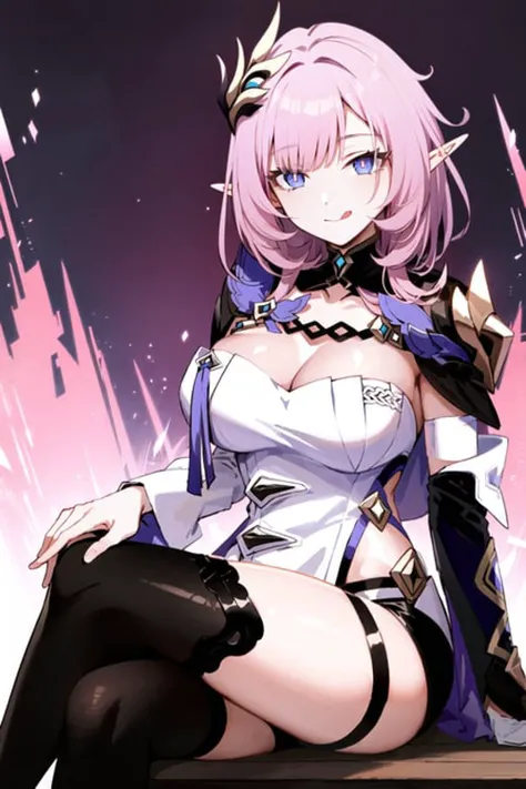 (Realistic painting style:1.0), masterpiece, best quality, absurdres, elysia (miss pink elf) (honkai impact), slit pupils, elysia (honkai impact), elf, pointy ears, 1girl, breasts, cleavage, solo, pink hair, tongue, tongue out, large breasts, looking at viewer, shorts, hair ornament, black shorts, blue eyes, bangs, long hair, black thighhighs, smile, :p, short shorts, closed mouth, long sleeves, sitting, pink pupils,<lora:elysia_1024_Lion_dim128_kohyaLoRA_fp32_1e-1noise_token2_24-3-2023:1>, crossed legs