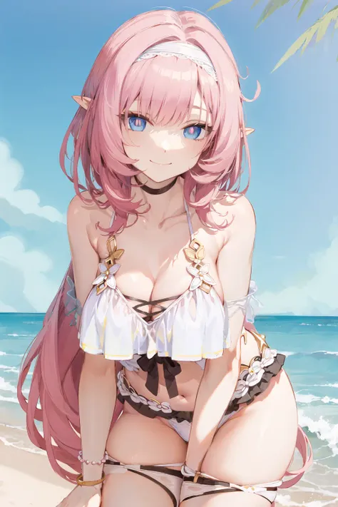 (Realistic painting style:0.9), masterpiece, best quality, absurdres, elysia (summer miss elf) (honkai impact), (slit pupils, pink pupils:1.2), elysia (honkai impact), elf, pointy ears, 1girl, solo, pink hair, long hair, swimsuit, blue eyes, breasts, looking at viewer, sky, outdoors, cleavage, bangs, smile, bikini, blue sky, closed mouth, beach, cloud, white bikini, cloudy sky, ocean, large breasts, hairband, day, see-through <lora:elysia_1024_Lion_dim128_kohyaLoRA_fp32_1e-1noise_token2_24-3-2023:1>