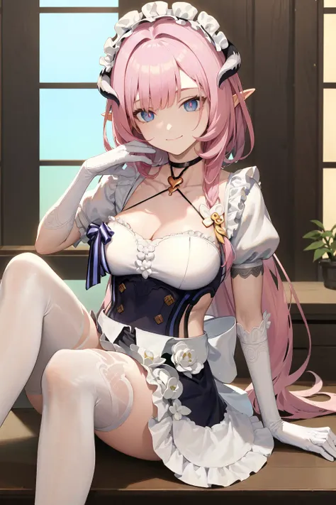 (Realistic painting style:0.9), masterpiece, best quality, absurdres, elysia (miss pink) (honkai impact), slit pupils, elysia (honkai impact), elf, pointy ears, 1girl, pink hair, solo, gloves, breasts, maid, thighhighs, maid headdress, long hair, white thighhighs, looking at viewer, cleavage, blue eyes, bangs, white gloves, apron, frills, short sleeves, closed mouth, dress, sitting, elbow gloves, maid apron, enmaided, alternate costume, smile, frilled dress, knee up, frilled apron, puffy sleeves, official alternate costume, puffy short sleeves, pink pupils, fake horns <lora:elysia_1024_Lion_dim128_kohyaLoRA_fp32_1e-1noise_token2_24-3-2023:1>