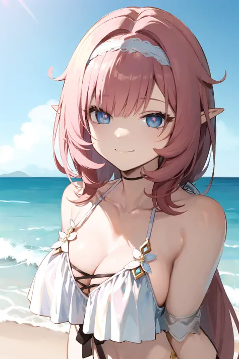 (Realistic painting style:0.9), masterpiece, best quality, absurdres, elysia (summer miss elf) (honkai impact), (slit pupils, pink pupils:1.2), elysia (honkai impact), elf, pointy ears, 1girl, solo, pink hair, long hair, swimsuit, blue eyes, breasts, looking at viewer, sky, outdoors, cleavage, bangs, smile, bikini, blue sky, closed mouth, beach, cloud, white bikini, cloudy sky, ocean, large breasts, hairband, day, see-through <lora:elysia_1024_Lion_dim128_kohyaLoRA_fp32_1e-1noise_token2_24-3-2023:1>