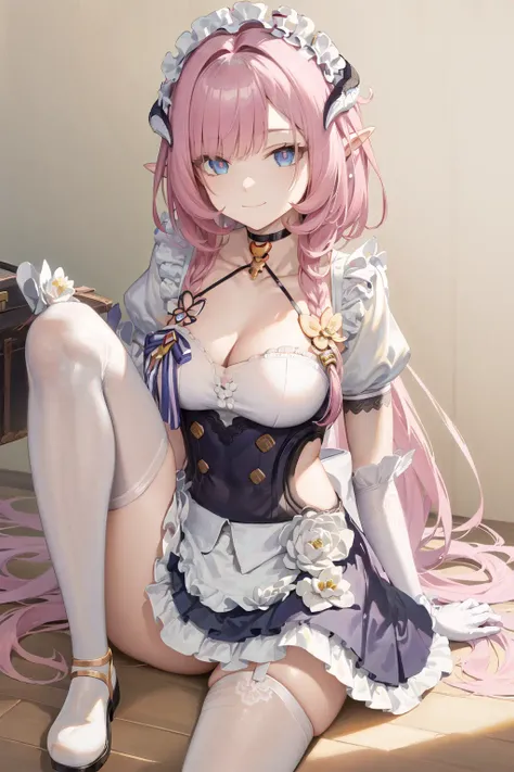 (Realistic painting style:0.9), masterpiece, best quality,  absurdres, elysia (miss pink) (honkai impact), slit pupils, elysia (honkai impact), elf, pointy ears, 1girl, pink hair, solo, gloves, , maid, thighhighs, maid headdress, long hair, white thighhighs, looking at viewer, cleavage, blue eyes, bangs, white gloves, apron, frills, short sleeves, closed mouth, dress, sitting, elbow gloves, maid apron, enmaided, alternate costume, smile, frilled dress, knee up, frilled apron, puffy sleeves, official alternate costume, puffy short sleeves, pink pupils, fake horns <lora:elysia_1024_Lion_dim128_kohyaLoRA_fp32_1e-1noise_token2_24-3-2023:1>