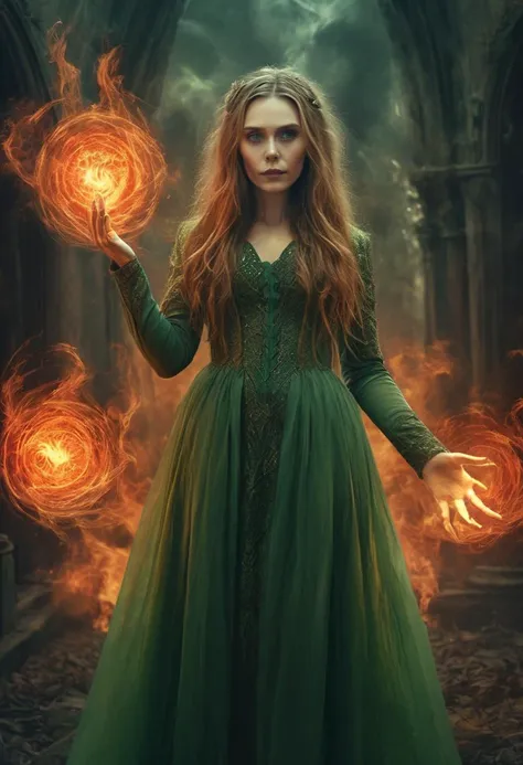 highly detailed fantasy portrait of (ohwx woman),<lora:olsen_lora_sdxl_v1:1>,powerful witch,levitating above the ground,emitting a semitransparent red energy from whole body,wearing a green and brown dress,both hands conjuring fire pointed towards viewer,looking at viewer,hyperdetailed photography,4k textures,symmetrical face,evil smile,detailed skin,perfect skin,perfect eyes,perfect teeth,super high resolution photo,8k,