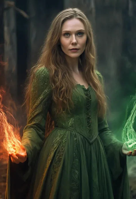 highly detailed fantasy head and shoulder portrait of (ohwx woman),<lora:olsen_lora_sdxl_v1:1>,powerful witch,levitating above the ground,emitting a semitransparent red energy from whole body,wearing a green and brown dress,both hands conjuring fire pointed towards viewer,looking at viewer,hyperdetailed photography,4k textures,symmetrical face,evil smile,detailed skin,perfect skin,perfect eyes,perfect teeth,super high resolution photo,8k resolution,