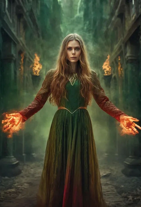 highly detailed fantasy portrait of (ohwx woman),<lora:olsen_lora_sdxl_v1:1>,powerful witch,levitating above the ground,emitting a semitransparent red energy from whole body,wearing a green and brown dress,both hands conjuring fire pointed towards viewer,looking at viewer,hyperdetailed photography,4k textures,symmetrical face,evil smile,detailed skin,perfect skin,perfect eyes,perfect teeth,super high resolution photo,8k,