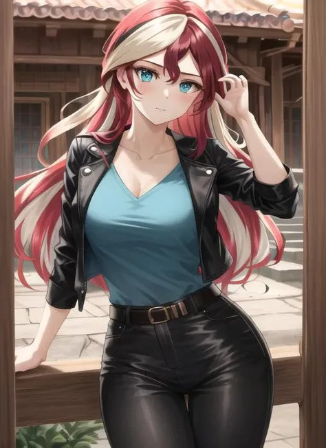 ((best quality)), ((highly detailed)), masterpiece, (detailed eyes, deep eyes), (1girl), cowboy shot, <lora:SunsetHuman:1>, SunsetHuman, (multicolored hair, (two-tone hair:1.1), red and blonde hair), BREAK, aqua eyes, open cropped leather jacket, black jacket, collarbone, blue shirt, blue leggings, yellow skirt, boots