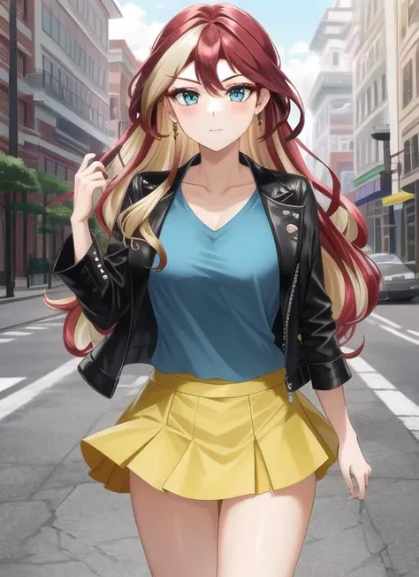 ((best quality)), ((highly detailed)), masterpiece, (detailed eyes, deep eyes), (1girl), cowboy shot, <lora:SunsetHuman:1>, SunsetHuman, (multicolored hair, (two-tone hair:1.1), red and blonde hair), BREAK, aqua eyes, open cropped leather jacket, black jacket, collarbone, blue shirt, blue leggings under skirt, yellow skirt, boots, outside, in a city park