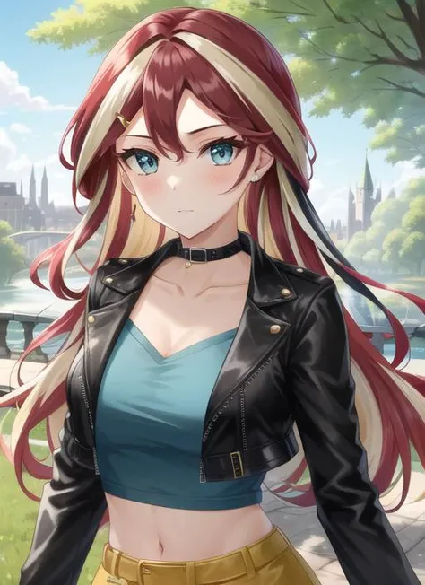 ((best quality)), ((highly detailed)), masterpiece, (detailed eyes, deep eyes), (1girl), upper body, <lora:SunsetHuman:1>, SunsetHuman, (multicolored hair, (two-tone hair:1.1), red and blonde hair), BREAK, aqua eyes, open cropped leather jacket, black jacket, collarbone, blue shirt, blue thighhighs, yellow skirt, boots, outside, in a park