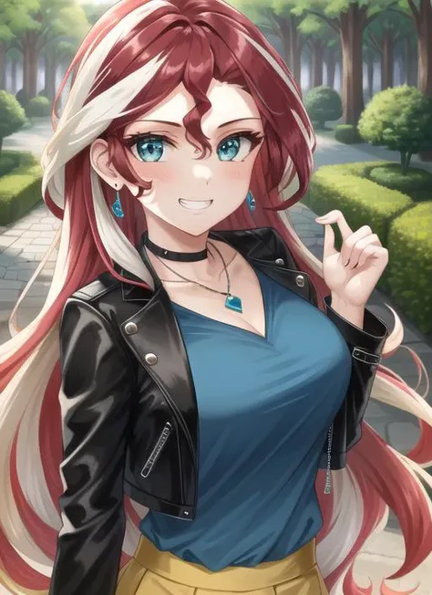 ((best quality)), ((highly detailed)), masterpiece, (detailed eyes, deep eyes), (1girl), upper body, <lora:SunsetHuman:1>, SunsetHuman, (multicolored hair, (two-tone hair:1.1), red and blonde hair), BREAK, aqua eyes, grin, necklace, open cropped leather jacket, black jacket, collarbone, blue shirt, blue thigh-highs, yellow skirt, boots, outside, in a park