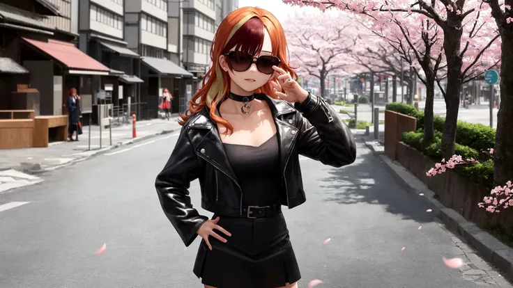 <lora:SunsetHuman:1>,SunsetHuman,two-tone red and blonde hair,(two-tone hair:1.1),open cropped leather jacket,aqua eyes,city street,japan,cherry blossoms,solo,1girl,choker,dress,action pose,