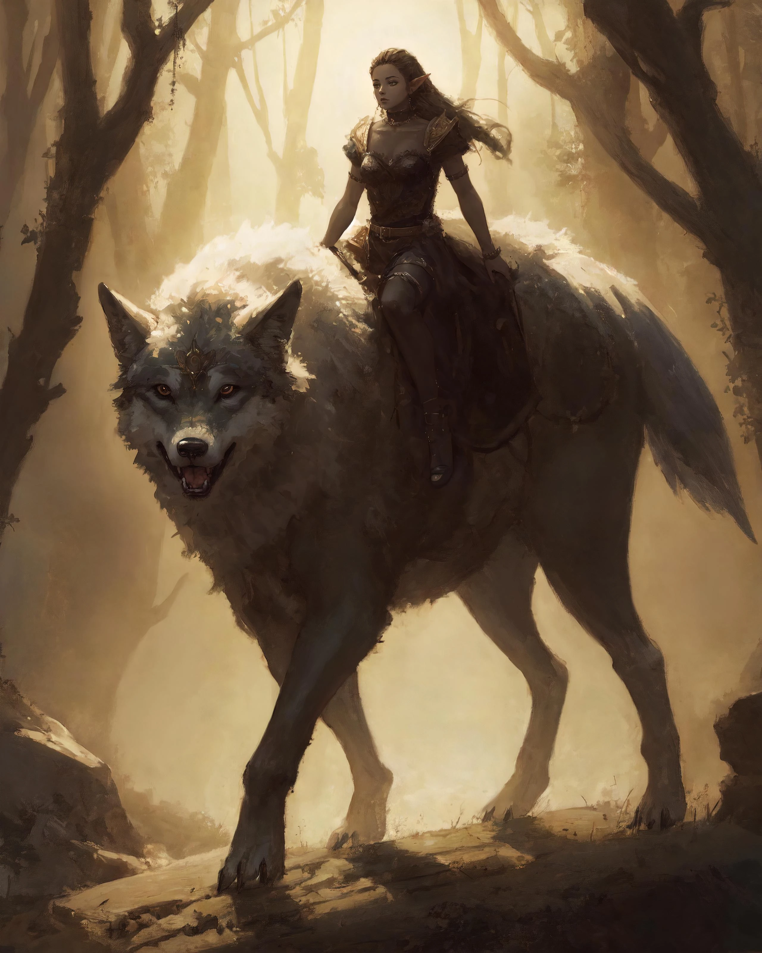 (style of Jon Foster:0.2), (style of Alex Russell Flint:0.2), (style of Bob Eggleton:0.2), (style of Pino Daeni:0.2), BREAK
(oil painting:1.2), (oil painting style), clear oil brush texture, beautiful, visually stunning, elegant, incredible details, (god rays, light rays:0.8), (dark art:0.5), offset focus, hard light, dramatic lighting, dramatic shadows, dreamlike diffuse ethereal lighting, BREAK
<lora:bear - lion - panther - wolf - Animal Rider Concept:0.45>, wolf, riding, 1girl, elf, pointy ears, dark elf, colored skin, dark-skinned female, long hair, floating hair, fantasy theme, forest, scenery, wolf paws, wolf claws,