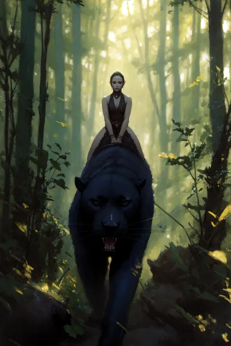 (style of Jon Foster:0.5), (style of Alex Russell Flint:0.5), (style of Bob Eggleton:0.5), (style of Pino Daeni:0.5), masterpiece, best quality, ultra high res, beautiful, visually stunning, elegant, incredible details, <lora:bear - lion - panther - wolf - Animal Rider Concept-000006:0.8>, panther, riding, 1girl, forest, scenery, fantasy theme, circlet,