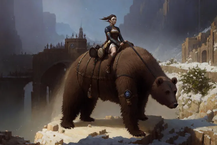 beautiful russian model riding on the back of a bear in snow