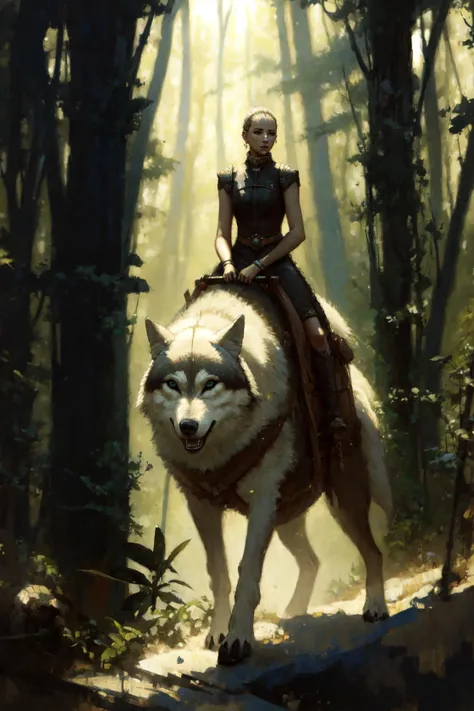 (style of Jon Foster:0.5), (style of Alex Russell Flint:0.5), (style of Bob Eggleton:0.5), (style of Pino Daeni:0.5), masterpiece, best quality, ultra high res, beautiful, visually stunning, elegant, incredible details, <lora:bear - lion - panther - wolf - Animal Rider Concept-000006:0.8>, wolf, riding, 1girl, forest, scenery, fantasy theme, wolf paws,