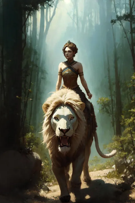 (style of Jon Foster:0.5), (style of Alex Russell Flint:0.5), (style of Bob Eggleton:0.5), (style of Pino Daeni:0.5), masterpiece, best quality, ultra high res, beautiful, visually stunning, elegant, incredible details, <lora:bear - lion - panther - wolf - Animal Rider Concept-000006:0.8>, lion, riding, 1girl, forest, scenery, fantasy theme, lion paws, lions claws,