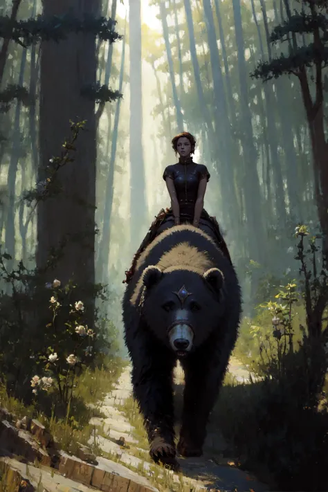 (style of Jon Foster:0.5), (style of Alex Russell Flint:0.5), (style of Bob Eggleton:0.5), (style of Pino Daeni:0.5), masterpiece, best quality, ultra high res, beautiful, visually stunning, elegant, incredible details, <lora:bear - lion - panther - wolf - Animal Rider Concept-000006:0.8>, bear, riding, 1girl, forest, scenery, fantasy theme, bear paws,