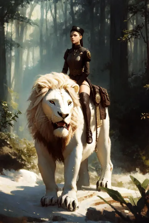 (style of Jon Foster:0.5), (style of Alex Russell Flint:0.5), (style of Bob Eggleton:0.5), (style of Pino Daeni:0.5), masterpiece, best quality, ultra high res, beautiful, visually stunning, elegant, incredible details, <lora:bear - lion - panther - wolf - Animal Rider Concept-000006:0.8>, lion, white lion, riding, 1girl, forest, scenery, fantasy theme, lion paws,