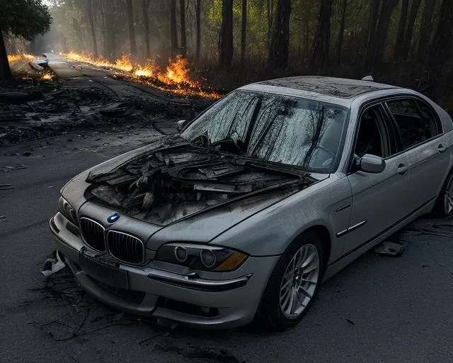 (rural highway:1.0),bmw 7-series,damage  vehicle ,wrecked into a tree,bodies on the floor, burning car ,death,burning grass,twisted metal, debris,black smoke,corpses  <lora:è½¦ç¥¸:0.2>