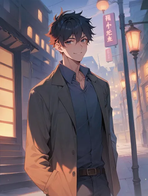 (((score_9, score_8_up, score_7_up))), source_anime, best quality, amazing quality, best aesthetic, absurdres, 1boy, ((Messy Haircut)), male focus, skinny, black hair, handsome detailed face, long coat, open coat, collared shirt, pants, flirt, sexy smile, night park, streetlights, <lora:aesthetic_anime_v1s:1>, <, <lora:pcm_sdxl_normalcfg_16step_converted:1>