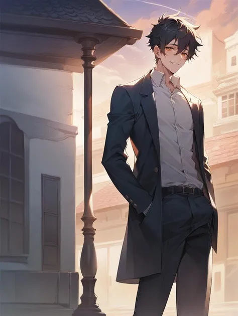 (((score_9, score_8_up, score_7_up))), source_anime, best quality, amazing quality, best aesthetic, absurdres, 1boy, ((Messy Haircut)), male focus, skinny, black hair, handsome detailed face, long coat, open coat, collared shirt, pants, flirt, sexy smile, night park, streetlights, <lora:aesthetic_anime_v1s:1>, <, <lora:pcm_sdxl_normalcfg_16step_converted:1>