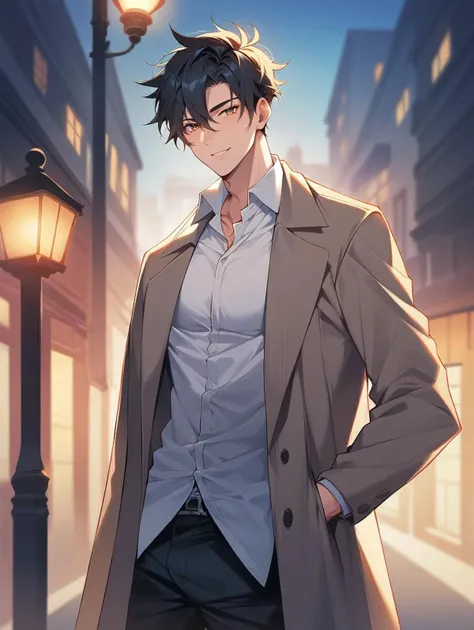 (((score_9, score_8_up, score_7_up))), source_anime, best quality, amazing quality, best aesthetic, absurdres, 1boy, ((Messy Haircut)), male focus, skinny, black hair, handsome detailed face, long coat, open coat, collared shirt, pants, flirt, sexy smile, night park, streetlights, <lora:aesthetic_anime_v1s:1>, <, <lora:pcm_sdxl_normalcfg_16step_converted:1>