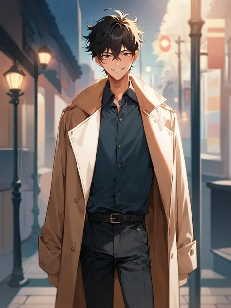 (((score_9, score_8_up, score_7_up))),source_anime,best quality,amazing quality,best aesthetic,absurdres,1boy,((Messy Haircut)),male focus,skinny,black hair,handsome detailed face,long coat,open coat,collared shirt,pants,flirt,sexy smile,night park,streetlights,<lora:aesthetic_anime_v1s:1>,<,,,<lora:pcm_sdxl_normalcfg_16step_converted:1>,,,