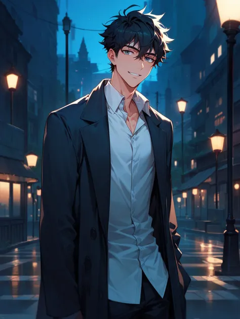 (((score_9, score_8_up, score_7_up))),source_anime,best quality,amazing quality,best aesthetic,absurdres,1boy,((Messy Haircut)),male focus,skinny,black hair,handsome detailed face,long coat,open coat,collared shirt,pants,flirt,sexy smile,night park,streetlights,<lora:aesthetic_anime_v1s:1>,<,,<lora:pcm_sdxl_normalcfg_16step_converted:1>,