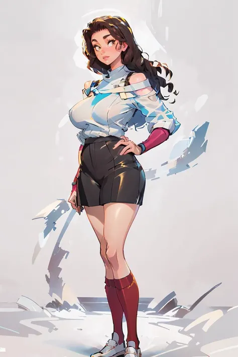(masterpiece, best quality), 1girl, Medium brown Retro Victory Rolls, big breasts, Indigo Cold-shoulder top and Culottes, over-kneehighs, Standing with one hand on the hip, looking confident, <lora:test:1>