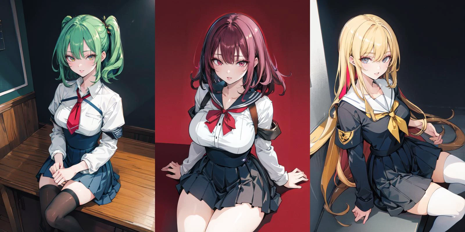 highly insanely detailed, masterpiece, top quality, best quality, highres, 4k, 8k, RAW photo, (very aesthetic, beautiful and aesthetic),
<lora:MAIDOLL:1>, maidoll, 1girl, looking at viewer, dutch angle, smile, parted lips, from above, sitting, zettai ryouiki, serafuku, school uniform,
__lazy-wildcards/prompts/hair__,
__lazy-wildcards/dataset/background-color__,
âââ