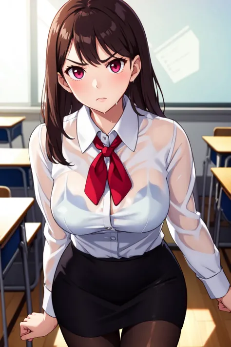 KyokoDG, 1girl, necktie, solo, jacket, shirt, looking at viewer, long sleeves, white shirt, collared shirt, sitting on chair, classroom, pink blood,