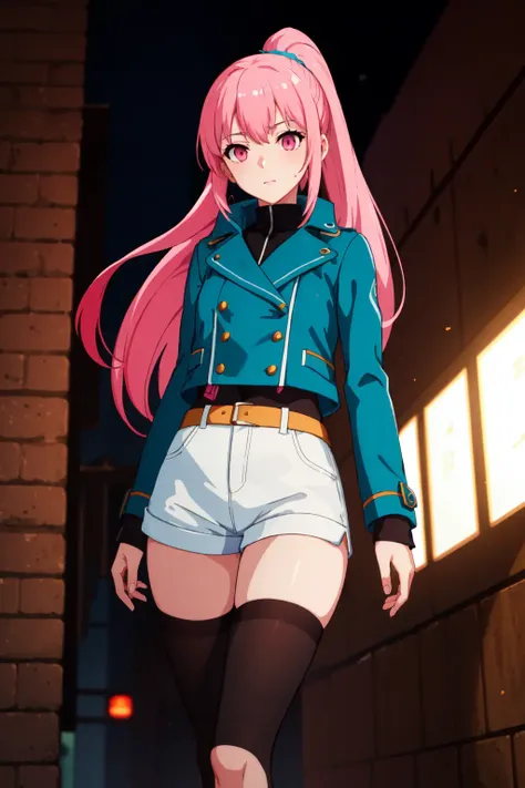 (masterpiece, best quality:1.4), cinematic light, colorful, high contrast, 1girl, peacoat, micro shorts , uwabaki, leg warmers, dam, day, legs apart, aqua hair , pink eyes, gradient hair, asymmetrical bangs, long hair, split ponytail