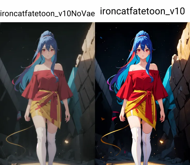 (masterpiece, best quality:1.4), cinematic light, colorful, high contrast, 1girl, off-shoulder shirt, sarong ,
thigh boots, bobby socks, asteroid, day, standing, blue hair , red eyes, multicolored hair, hair between eyes, very long hair, split ponytail