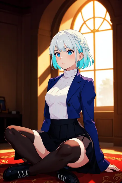 (masterpiece, best quality:1.4), cinematic light, colorful, high contrast, 1girl, turtleneck, long skirt , winged footwear, thighhighs, hill, day, indian style, white hair , blue eyes, two-tone hair, sidelocks, short hair, french braid