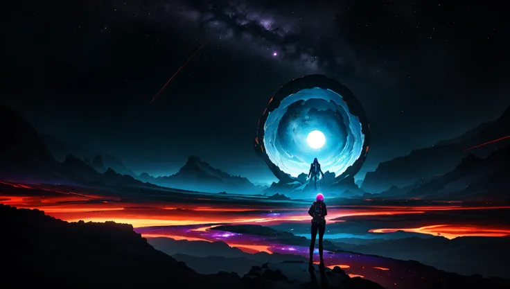 (masterpiece), (best quality), (stunning digital art), science fiction scene, curious alien creature, exploring the depths of space, set in an alternate universe, standing on the surface of an exotic planet, near a mysterious dark hole, otherworldly landscape, vivid colors, intricate details, mesmerizing celestial phenomena, captivating lighting, evoking a sense of wonder and adventure