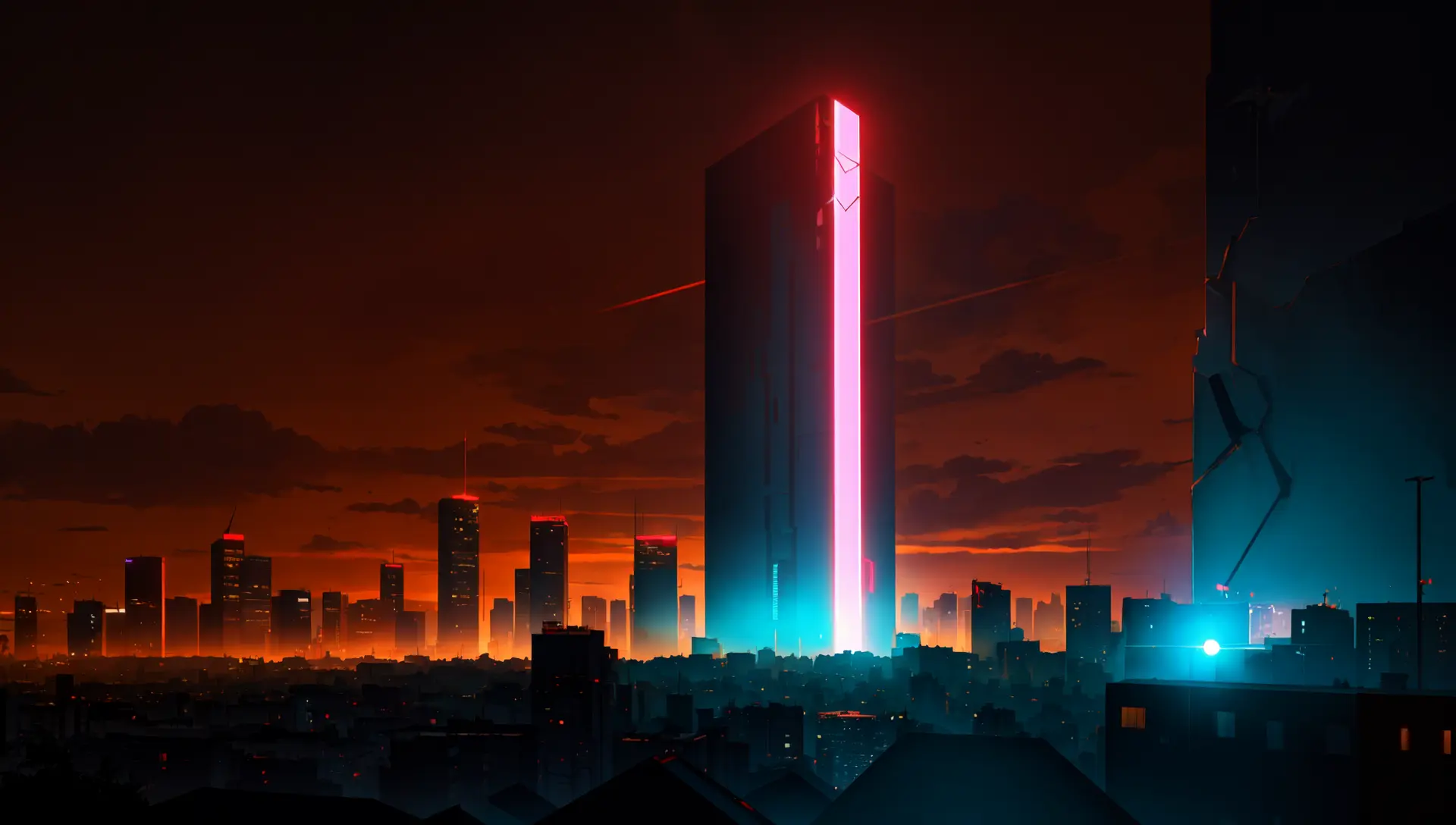 (masterpiece, best quality:1.4), cinematic light, colorful, high contrast, cyberpunk, neon, city, cityscape, (day:1.2), sky, sunlight, (monolith \(object\):1.2), red theme,