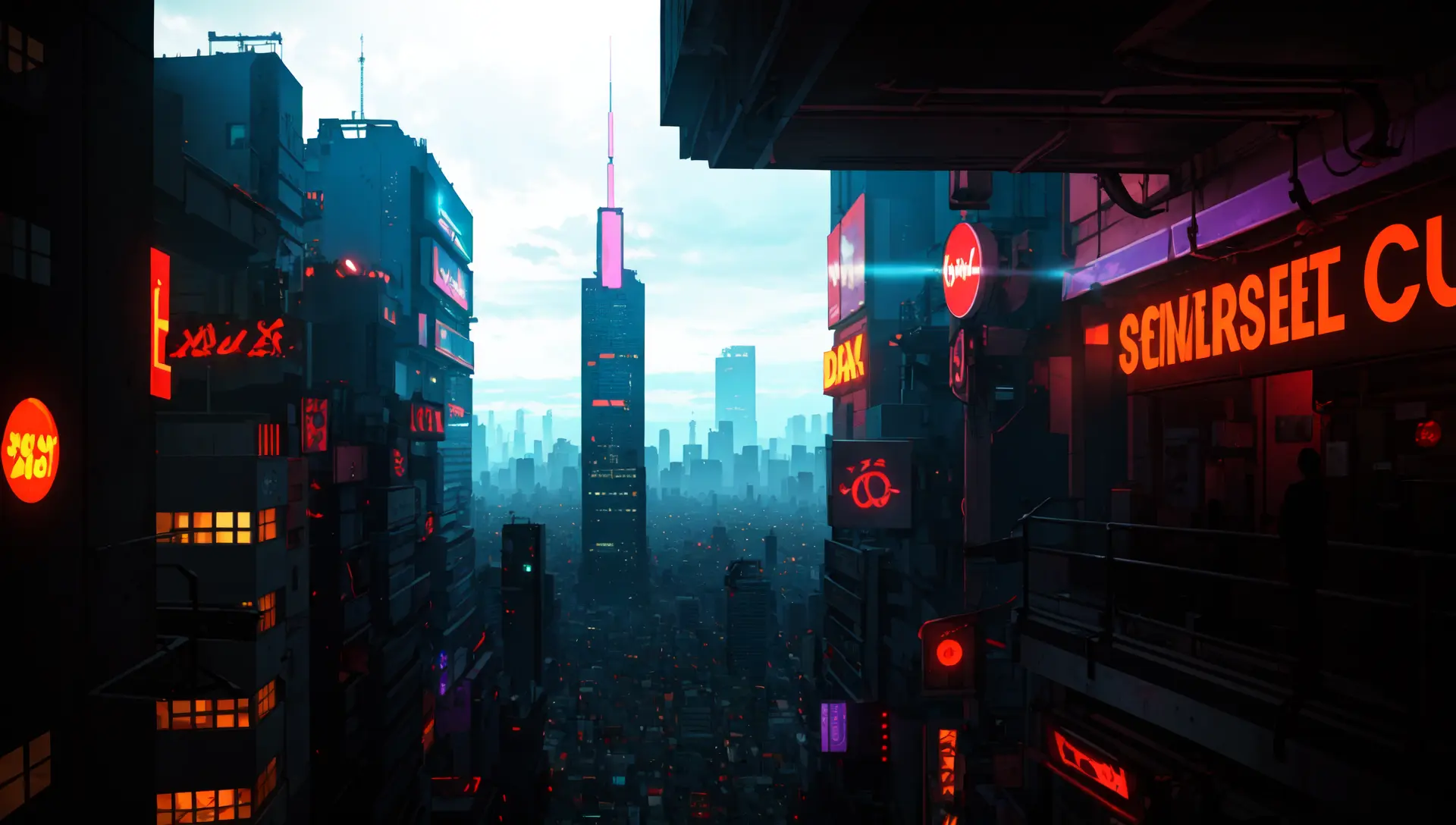(masterpiece, best quality:1.4), cinematic light, colorful, high contrast, cyberpunk, neon, city, cityscape, (day:1.2), sky, sunlight,