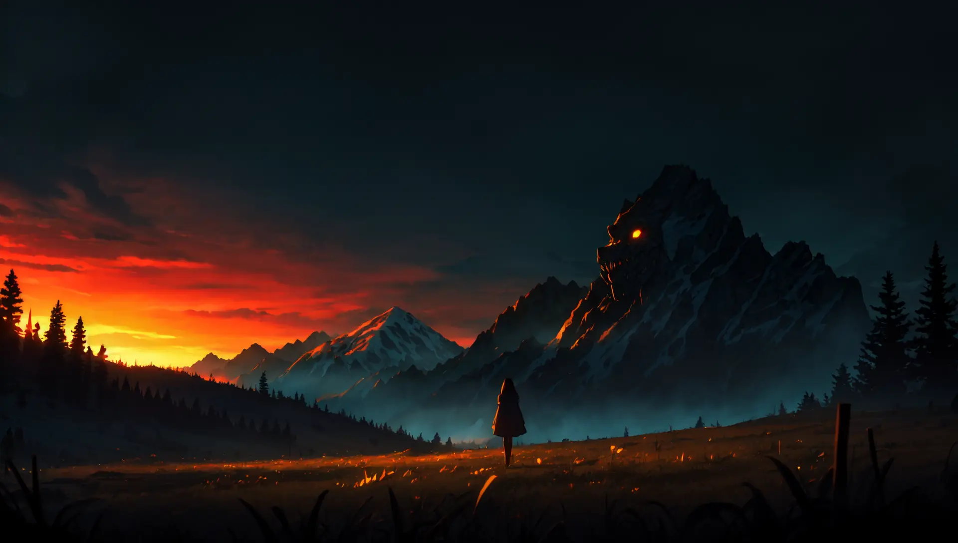 (masterpiece, best quality:1.4), cinematic light, colorful, high contrast, mountain, grass, tree, night, (horror \(theme\):1.2), (monster:1.2), dark