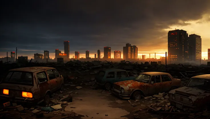 (masterpiece), (best quality), (detailed), landscape resembling a fallout, post-apocalyptic environment, dark and atmospheric, cyberpunk and post-apocalyptic elements, desolate cityscape, crumbling buildings, abandoned vehicles, fog and darkness engulfing the scene, high-resolution 8k image, capturing the eerie and mysterious essence of a world transformed by catastrophe