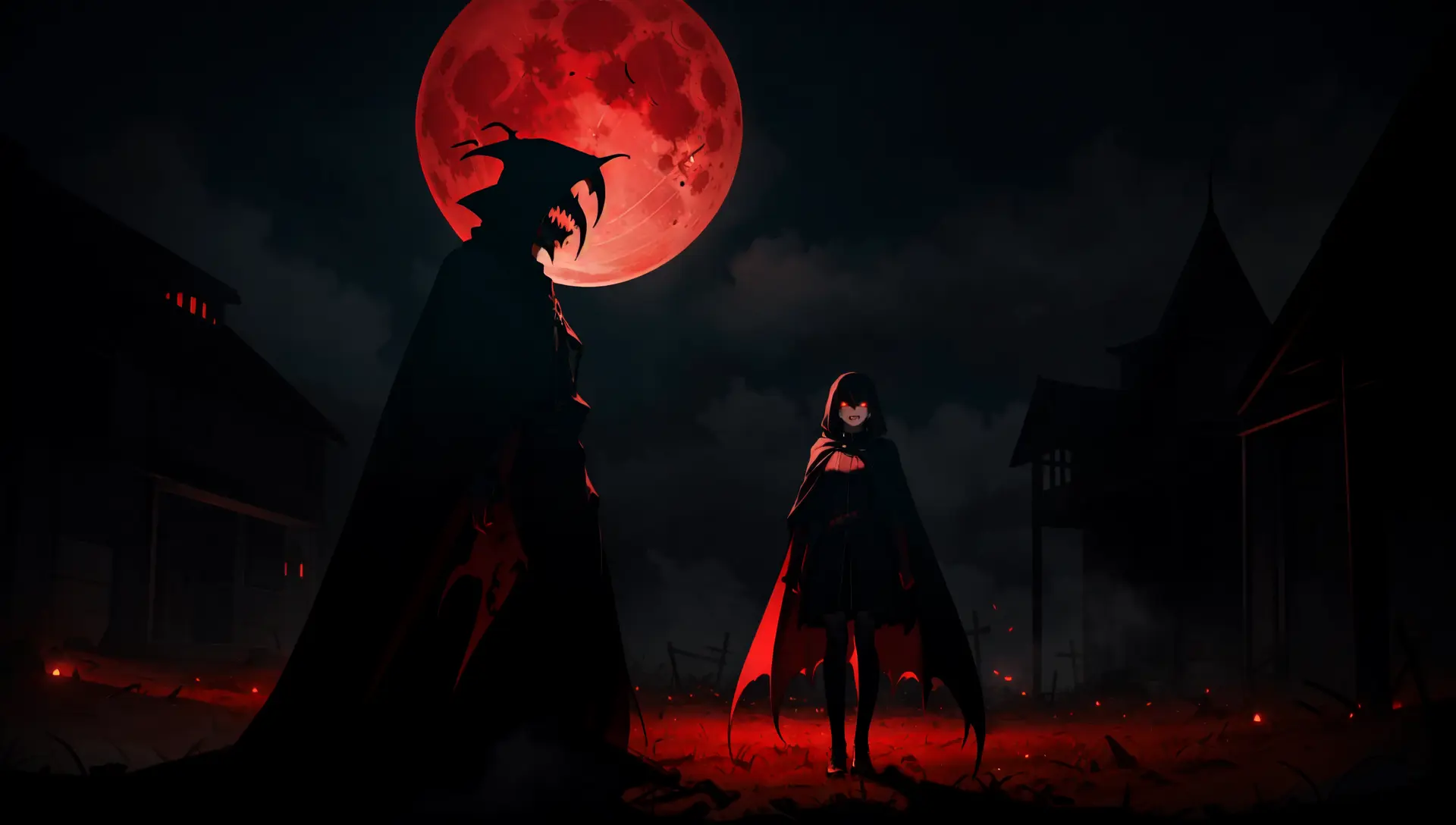 (masterpiece), (best quality), (detailed digital illustration), sinister vampire creature, baring sharp fangs, glowing red eyes, standing under a blood moon, dark, gothic atmosphere, surrounded by shadows and mist, tattered cape billowing in the wind, ominous and menacing presence, captivating colors and lighting, evocative of classic horror stories