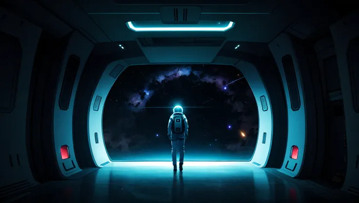 atmospheric illustration of a space traveler in a spaceship looking through the window, seeing the universe filled with stars, spaceship hallway with lighting