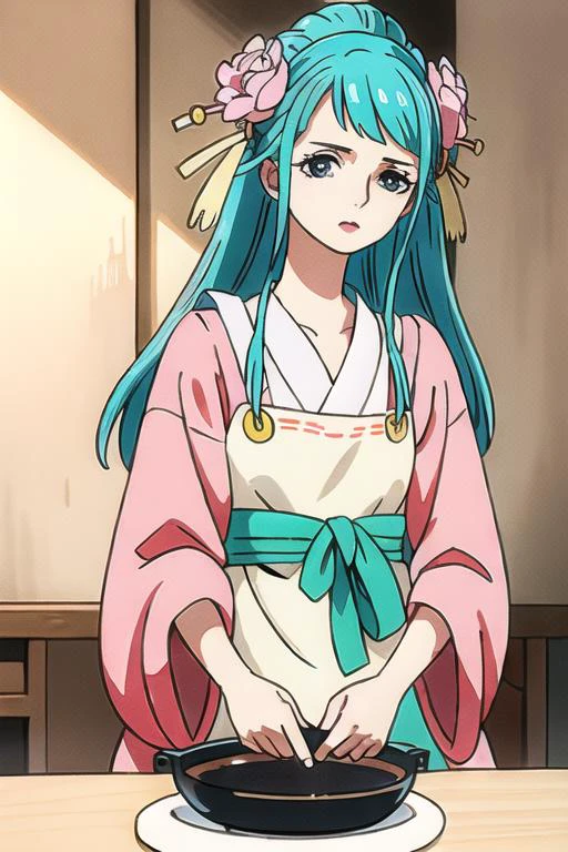 (apron:1.4), full body , ultra realistic details, (8k, RAW photo, best quality, masterpiece:1.2), (finely detailed beautiful eyes: 1.2), ((1girl)), ((solo)), (finely detailed eyes and detailed face:1.3), (beautiful and clear background:1.2), (extremely detailed CG, ultra-detailed, best shadow:1.1), ((depth of field)), (watercolor), bare shoulders, flowers and petals, beautiful concept illustration, (white background:0.5), (illustration:1.1), (extremely fine and beautiful:1.1), (perfect details:1.1), kozuki hiyori, <lora:Kozuki Hiyori_V1-4:0.9>, small head, kitchen, cooking,