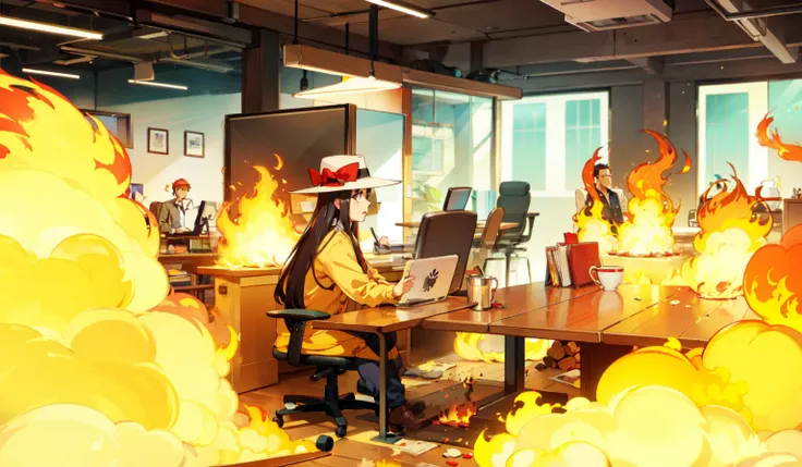 this is fine, meme, fire, office, hat, cup, chair, table, smoke, chaos