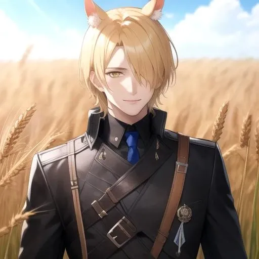 ((masterpiece)),(best quality),official art,extremely detailed CG,unity 8k wallpaper,ultra detailed,wheat field,1boy,solo,(portrait:1.2),upper body,mlynar (arknights),animal ear fluff,animal ears,belt,black jacket,black pants,blonde hair,blue shirt,emblem,gauntlets,hair over one eye,horse boy,horse ears,light smile,short hair,white necktie,yellow eyes,<lora:Mlynar(ark)>,